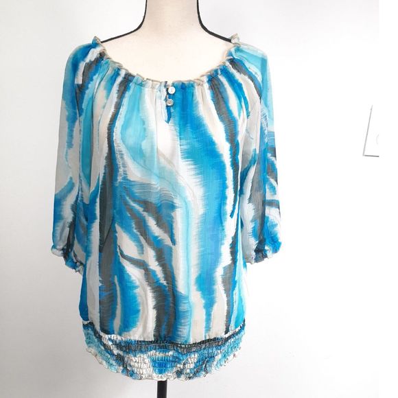 Lane Bryant Tops - Lane Bryant Blouse 3/4 sleeves  blue beige sz 12